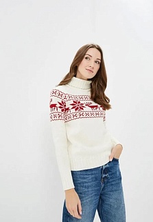 Пуловер женский с высоким горлом Lopoma белый с красными оленями